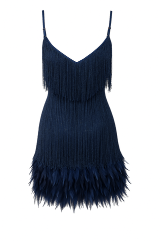 Navy blue fringe dress on a white background