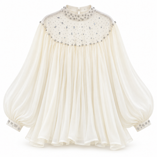 An ivory long-sleeve blouse with a sheer embellished yoke and balloon sleeves, shown against a plain white background.