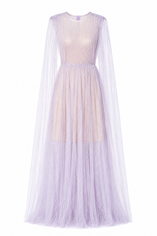 A floor-length lavender tulle dress with a sheer lace bodice, long draped sleeves, and a flared skirt, shown on a plain white background.