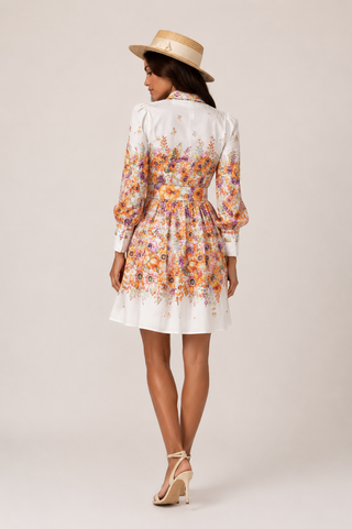 Elegant floral mini dress featuring a romantic watercolor flower print in pink, peach, lavender, and yellow tones, long sleeves, high neckline, matching waist belt, fit and flare silhouette, and feminine spring-inspired design, perfect for wedding guests, baby showers, bridal showers, garden parties, brunches, vacations, and summer occasions. Zimmermann Style Dress inspired dupe alike 