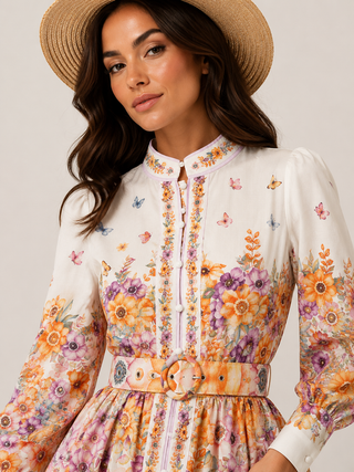 Elegant floral mini dress featuring a romantic watercolor flower print in pink, peach, lavender, and yellow tones, long sleeves, high neckline, matching waist belt, fit and flare silhouette, and feminine spring-inspired design, perfect for wedding guests, baby showers, bridal showers, garden parties, brunches, vacations, and summer occasions. Zimmermann Style Dress inspired dupe alike 
