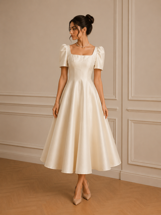Woman wearing a white dress with puff sleeves against a beige wall. Bridal Minimal Midi Dress Vintage 1950s style