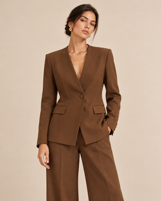 A woman modeling a tailored brown two-piece suit with a single-breasted blazer and matching wide-leg trousers against a plain beige studio background.