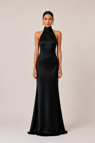 A woman modeling a floor-length black satin halter gown against a plain light beige studio background.