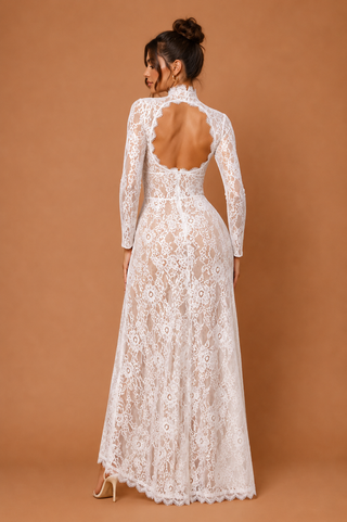 eleanor Lace gown - maxi Lacedress cutout Ivory floral lace maxi dress with long sleeves, high neckline, dramatic cut-out details and thigh-high slit, elegant bridal and occasionwear gown.