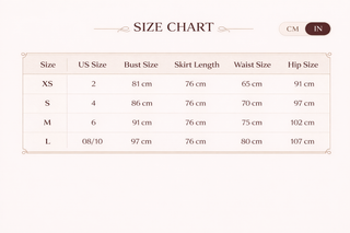 Size chart for clothing measurements in US, Bust, Skirt Length, Waist, and Hip sizes.