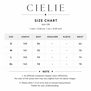 Cielie size chart for clothing measurements in centimeters