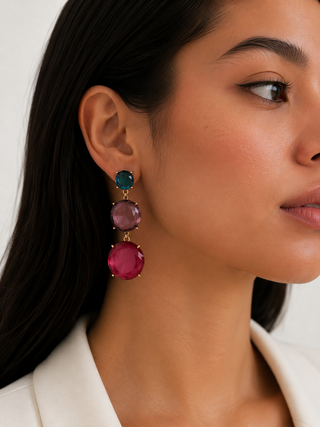 PRISMA multicolor cubic zirconia statement earrings with teal purple and fuchsia faceted CZ stones