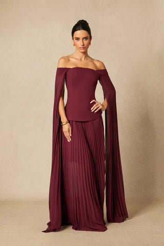 Model wearing burgundy off-shoulder two-piece formal set with pleated chiffon cape sleeves and maxi skirt Burgundy Winter Winered Chiffon Pleated Skirt 