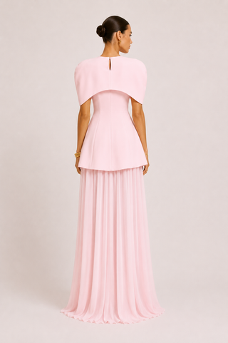 Vivienne blush pink convertible 3-piece dress set with structured mini dress, detachable chiffon maxi skirt and statement cape, ideal for wedding guests, bridesmaids, bridal events and formal occasions
