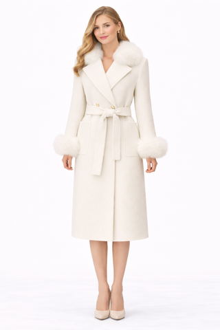 Woman wearing a white coat with fur trim on a white background