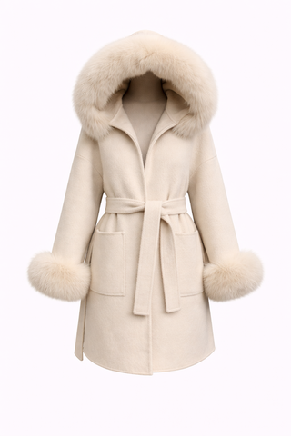 Beige coat with fur hood and cuffs on a white background