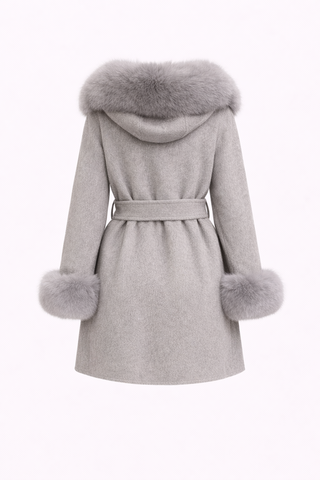 Gray coat with fur accents on a white background