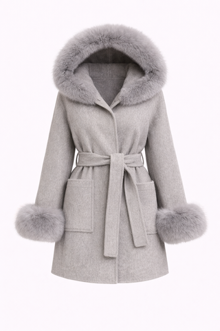 Gray coat with fur hood and cuffs on a white background