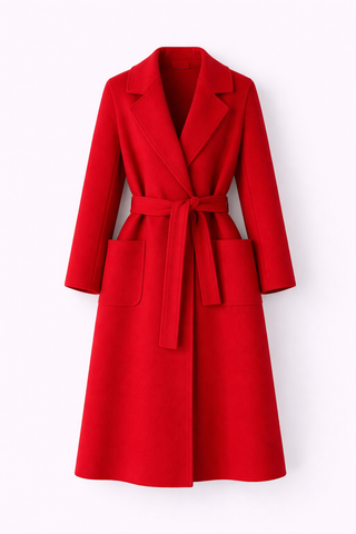 Red coat with a belt on a white background