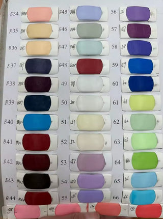 Color swatch chart with various fabric colors on a white background