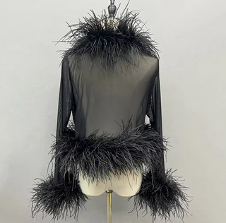 Black Sheer Mesh Blouse Ostrich Feather Cuffs Sleeves YSL Top - Cielie Vienna 