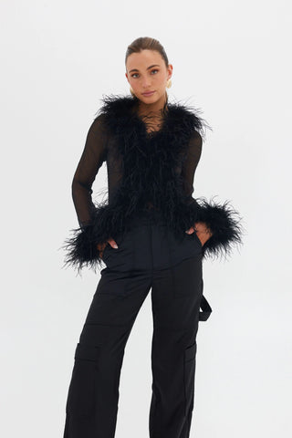 Black Sheer Mesh Blouse Ostrich Feather Cuffs Sleeves YSL Top - Cielie Vienna 