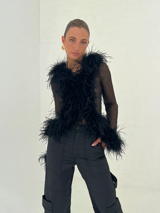 Black Sheer Mesh Blouse Ostrich Feather Cuffs Sleeves YSL Top - Cielie Vienna 