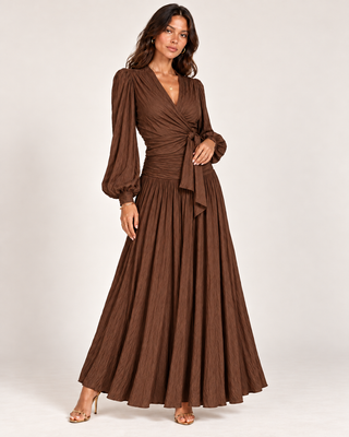 Ayu | Chocolate Brown Boho Wrap Top & Ruched Maxi Skirt Beach Club Set