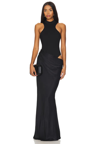Esila | Blach Maxi Dress with Draped Detail & High Neck