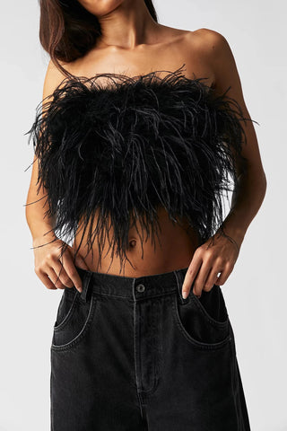 Feather Crop Top Ostrich Feather Black - Cielie Vienna