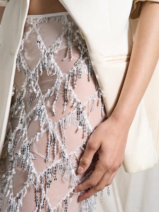 Close-up of a person wearing a sheer, embellished garment with a white background.