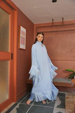 Woman in a light blue dress with ruffled sleeves and bottom standing in a room with pink walls and a plant.