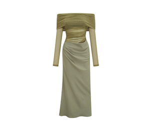 Green off-shoulder dress with long sleeves on a white background