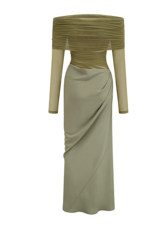 Two-tone dress with ruched top and draped skirt on a white background