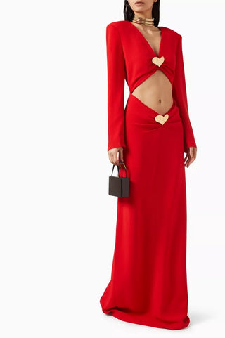 Heart | Red Maxi Cutout Dress with Gold Heart Details Heart | Red Maxi Cutout Dress with Gold Heart Details
