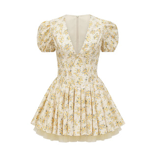  	 X  'Imani'  Buttercup Vintage Floral Print Pleated Cotton Mini Dress Houseofcb dupe similar brand - mini tulled skirt corset vintage floral dress cottage - Cielie Vienna