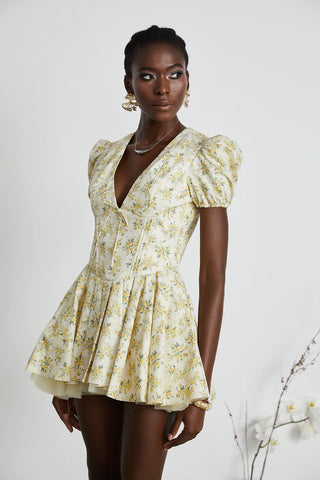  	 X  'Imani'  Buttercup Vintage Floral Print Pleated Cotton Mini Dress Houseofcb dupe similar brand - mini tulled skirt corset vintage floral dress cottage - Cielie Vienna