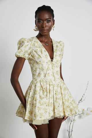  	 X  'Imani'  Buttercup Vintage Floral Print Pleated Cotton Mini Dress Houseofcb dupe similar brand - mini tulled skirt corset vintage floral dress cottage - Cielie Vienna