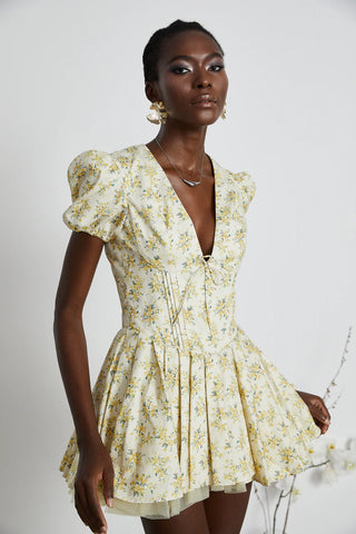  	 X  'Imani'  Buttercup Vintage Floral Print Pleated Cotton Mini Dress Houseofcb dupe similar brand - mini tulled skirt corset vintage floral dress cottage - Cielie Vienna