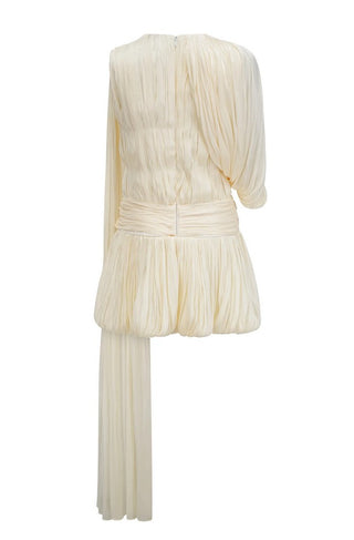 White pleated dress with a draped design on a white background