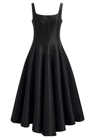 Minimalistic flared black cocktail dress Midi black with square neckline available in various colors, perfect for elegant events or cocktail dress rental in Vienna Fashion.