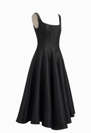 Minimalistic flared black cocktail dress Midi black with square neckline available in various colors, perfect for elegant events or cocktail dress rental in Vienna Fashion.