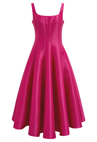 Minimalistic flared pink A Line cocktail dress with square neckline available in various colors, perfect for elegant events or cocktail dress rental in Vienna.