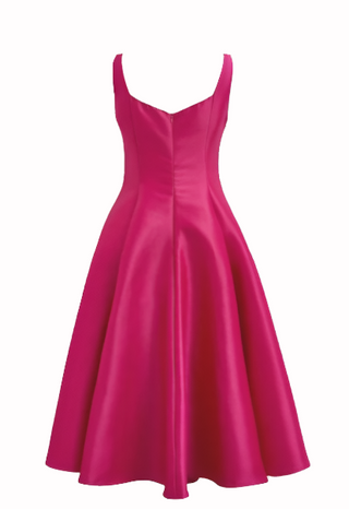 Minimalistic flared pink A Line cocktail dress with square neckline available in various colors, perfect for elegant events or cocktail dress rental in Vienna.