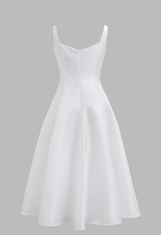 Minimalistic flared white midi A line Flared dress with square neckline available in various colors, perfect for elegant events or cocktail dress rental in Vienna. Bridal dress elegant minimal 