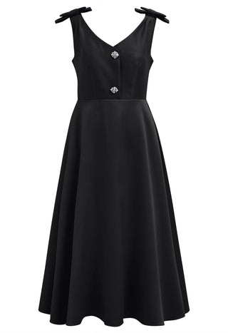 Chic black midi cocktail dress with bows, crystal buttons, and side pockets. Available in white, pink, blush, and rose. Perfect A-line evening dress, old money style cocktail dress for formal events, weddings, or parties. Cielie Vienna