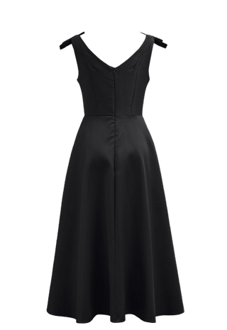 Chic black midi cocktail dress with bows, crystal buttons, and side pockets. Available in white, pink, blush, and rose. Perfect A-line evening dress, old money style cocktail dress for formal events, weddings, or parties. Cielie Vienna