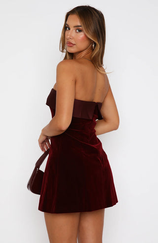 A strapless velvet satin mini dress in deep burgundy, featuring a folded hem and a sleek, elegant design perfect for Christmas parties. Wine Red Mini Christmas Dress - Cielie Vienna