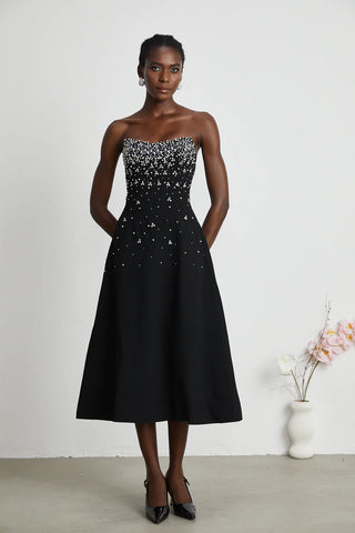 Midi Black Prom Dress Elegant Minimal Chic rhinestones embellished crystals Black Cocktaildress Black - Cielie Vienna