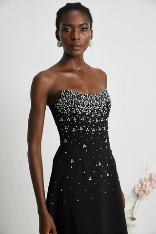 Midi Black Prom Dress Elegant Minimal Chic rhinestones embellished crystals Black Cocktaildress Black - Cielie Vienna