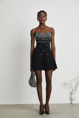 Mini Black Cocktaildress Rhinestone Embellished Crystals Abendkleid Schwarz Mini Party - Cielie Vienna