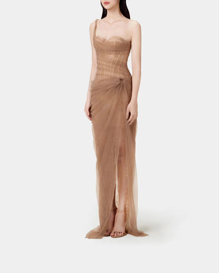 Model wearing a brown coffee  tulle lace dress with asymmetrical one-shoulder strap, fitted bodice, and draped skirt, perfect for summer weddings and special occasions. Lace Mesh Tulle Dress Bridesmaids brown coffee  - Cielie Vienna 