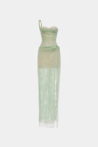 Model wearing a soft green tulle lace dress with asymmetrical one-shoulder strap, fitted bodice, and draped skirt, perfect for summer weddings and special occasions. Bridesmaids Sage green dress 