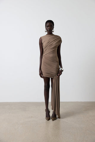 Woman wearing a brown one-shoulder dress against a white background